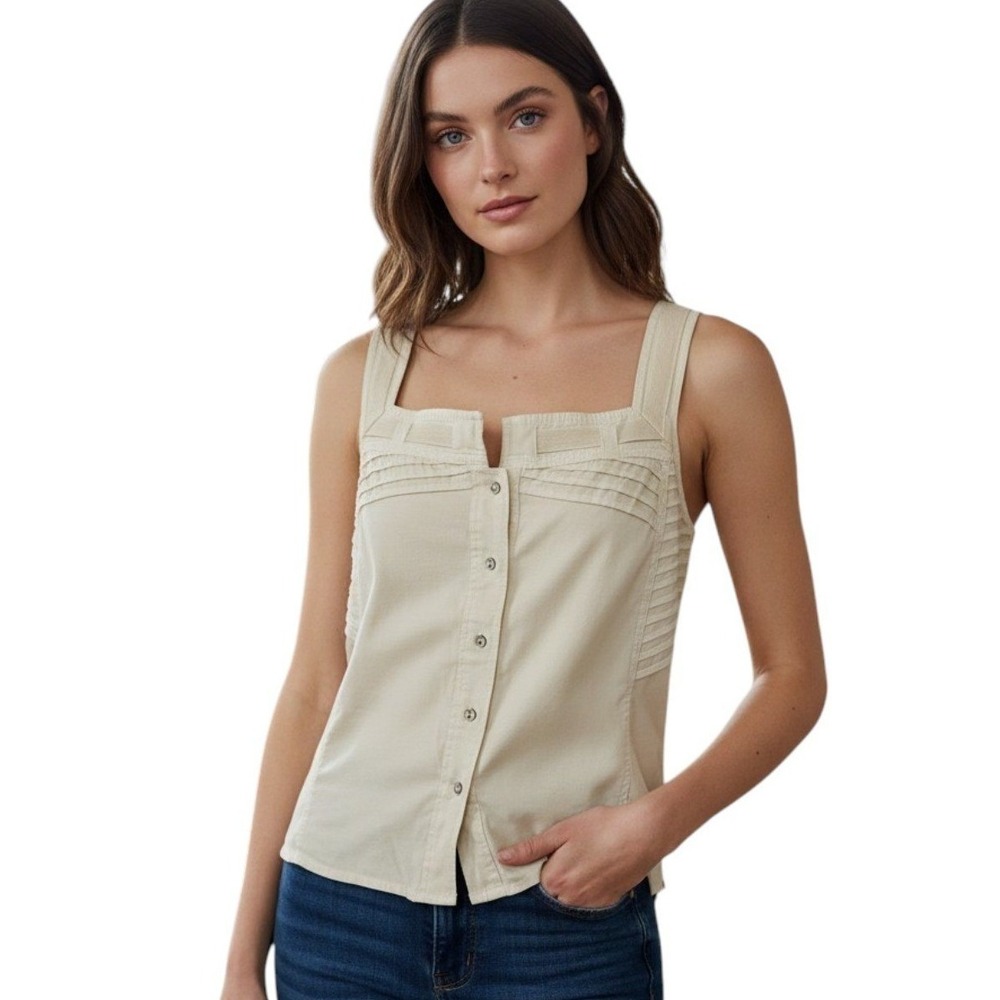 Rowan Irene Detailed Square Neck Tank Top Cream Beige Coquette Feminine Large
